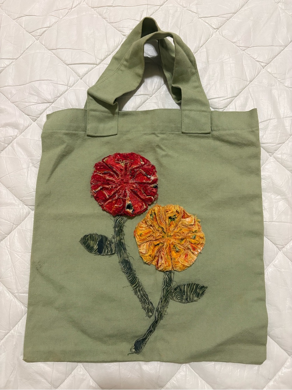 Handmade Olive Green Floral Canvas Tote Bag Red & Yellow Appliqué
